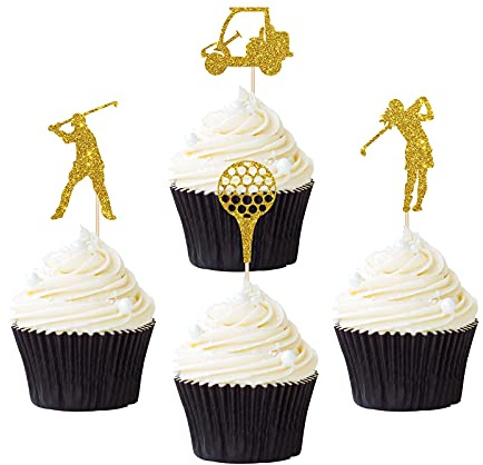 Gold Glitter Golf Cupcake Toppers, Golf Themed Baby Shower Birthday Retirement Cupcake Table Decorations Supplies, 24 Pcs