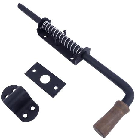 BAUSTER® Riegel mit Holzgriff 320 mm – extra langer Federbolzen – starker Stahlriegel mit Rückholfeder für schwere Tore, Scheunentüren & Außeneinsatz