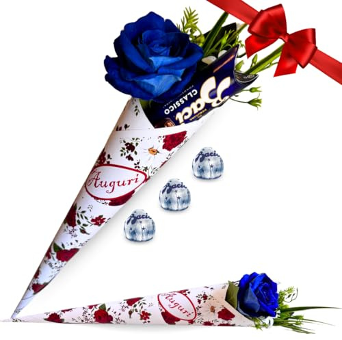 NARAMAKI Idee Regalo Festa della Mamma 2025 - Confezione e Cono Regalo AUGURI o MAMMA + Tubino Baci Perugina 37,5g + Bouquet Rosa Blu Eterna Artificiale