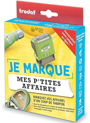 Tampon Trodat Je Marque Mes P'tites Affaires à personnaliser- Marquez les affaires de vos enfants avec un tampon personnalisable – Cassette d'encre textile, étiquettes, bande thermocollante incluses