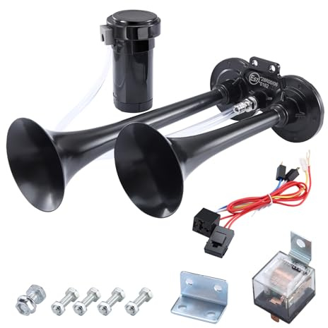Rupse Hupe Luft Horn, Lufthorn Drucklufthorn auto Horn mit Kompressor 12V für PKW LKW Booten Motorrädern (Schwarz Doppelrohr)