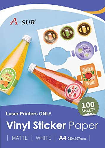 A-SUB White Matte Premium Waterproof Printable Vinyl Sticker Paper, Self-Adhesive Vinyl Labels for Laser Printers, A4 Size, 100 Sheets