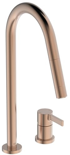 Ideal Standard – Gusto 2-Loch Küchenarmatur, Hoher Auslauf mit zylindrischem Querschnitt, mit 2-Funktionshandbrause, Schwenkbereich 360°, Schaftverschraubung von unten, Sunset Rose