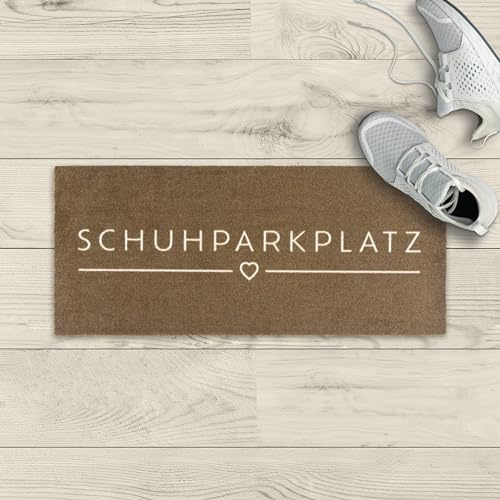 LA KO Waschbare Fußmatte 33 x 75 cm - hochwertig Bedruckte Fußmatte aus Deutschland - Türmatten mit modernem Design (braun_Schuhparkplatz)