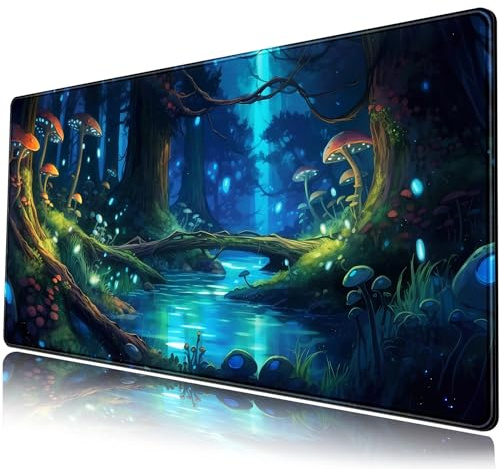 Cute Mushroom Design Desk Mat, Anime Forest by a River Design, Night Mystical Atmosphere, XXL Blue Gaming Mouse Pad, Extended Size for Computer and Laptop, 80 x 40 cm