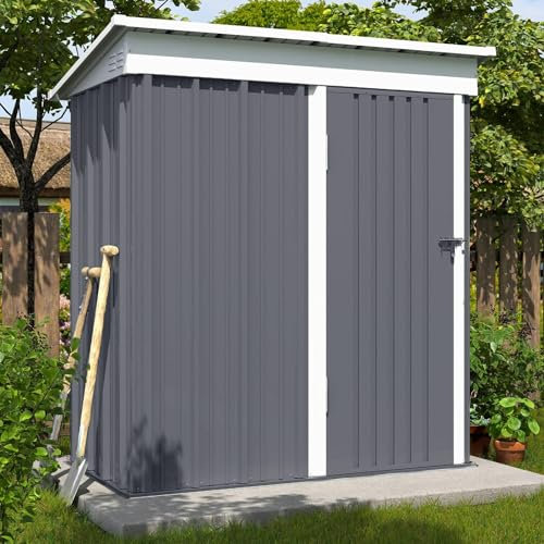 UDPATIO Outdoor Garden Storage Metal Shed 5x3 FT for Firewood,Garbage Can,Tools,Lawnmower,Bike Shed Waterproof Log Store for Backyard Patio,Galvanized Steel with Lockable Door,Light Grey
