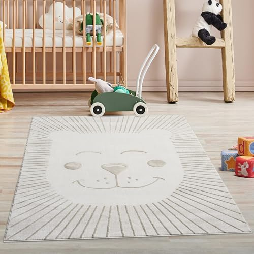 carpet city Kinderteppich Creme, Beige - 160x230 cm - Tier-Motiv Löwe - Kurzflor Teppiche Kinderzimmer, Spielzimmer