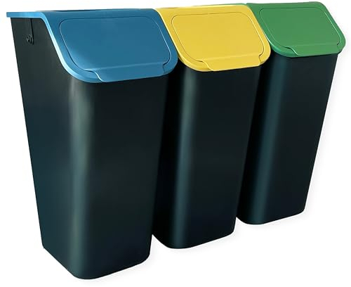 Go Practic 3-er Mülleimer-Set Küche Mülltrennsystem 3x Mülleimer 35l mit Deckel Stapelbar CLICK-Funktion, +filter