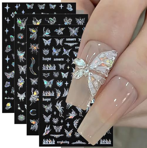 4 Blätter Holographisch Laser Weiß Schmetterling Nagelsticker,Y2K Aurora Schmetterlinge Stern Nail Sticker 3D Flamme Herz Nageldesign Nagelsticker Selbstklebend Nagel Sticker Nagel Zubehör Nail Art