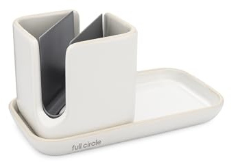 Full Circle Stash, Ceramic Kitchen Sink Caddy, Stylish Sponge Holder & Dish Brush Organizer, Easy to Clean, Dishwasher Safe, Rustproof, White and Gray, 11