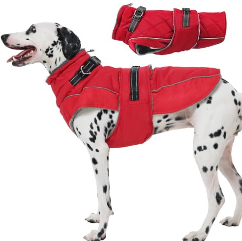 Katzinst Wintermantel Hunde mit Gefüttert Hohem Kragen und Reflektierenden Streifen, Verstellbare Hundejacke mit Sicherheitsschnalle, Hundemantel Border Collie, Boxer, Abend-Gassi, Rot, XL