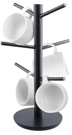 Mug Tree 6 Mugs, Coffee Cup Holder, Black Bamboo Cup Holder Tree with Thickened Base,Wooden Mug Stand Holder with 6 Hooks for Counter Kitchen Storage Rack-Kitchen Accessories
