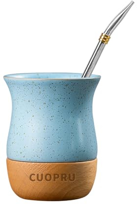 Yerba Mate Keramiktasse mit originalem Holzsockel, 237 ml, inklusive Mate-Kürbis, Bombilla-Strohhalm und Reinigungsbürste, perfekt für traditionellen Yerba Mate und modernen Trinkbecher (blau)