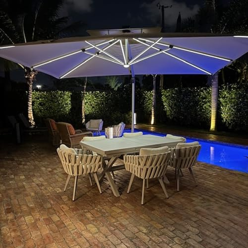 PURPLE LEAF Parasol Déporté 3 x 4 m Rectangulaire avec LED et Pied,Beige | Mât renforcé Ø10,2 cm, Mât et baleines en aluminium, Toile teinte en fil 240 g/m², UPF50+, Rotatif 360°, Professionnel
