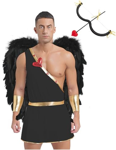 Yeahdor Männer Amor Kostüm Zubehör Griechische Toga mit Amor Bogen Herz Pfeil Set Liebesgott Cosplay Valentinstag Weihnachten Schwarz 3XL