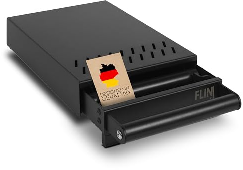 Flinsch Kaffee Abklopfbehälter - Sudschublade für Espresso Siebträgermaschinen in matt schwarz aus hochwertigem Stahl - massive Gleitleiste & herausnehmbare Abklopfstange - 36,9 x 20,3 x 6,5 cm