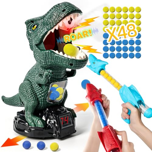 Dinosaur Shooting Toy for Boys Girls, Movable Target Shooting Games with 2 Air Pump Launcher, 48 Foam Balls, LED Score Record, Spray Effect & Sound, Competition Game Gift for Kids 5 6+ (Green)