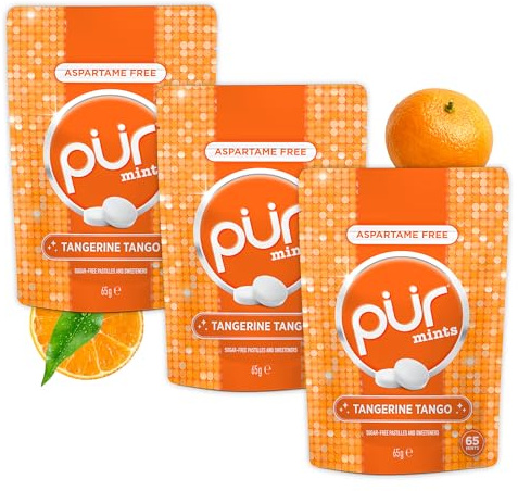 PUR Mints | Caramelos de menta Sin Aspartame | Endulzados con Xilitol | Sin Azúcar, Veganas, Sin Gluten | Sabor Natural a Mandarina | 65 unidades en bolsa resellable (Pack de 3)