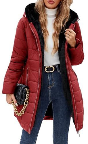 Yuson Girl Abrigo Parka Mujer Largo con Capucha Invierno Forro Polar Sherpa Chaqueta para Mujer Gruesa Abrigos de Piel Cremallera Cálido Jacket Resistente Agua Coat con Bolsillos(Rojo, XL)
