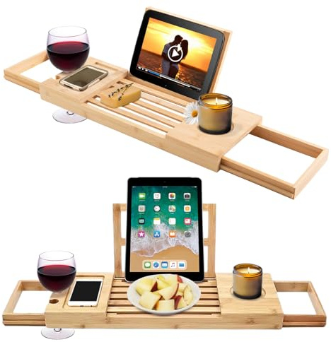 Alex Nash Extendable Bamboo Bath Tray – Adjustable Over-the-Bath Caddy for Wine, Candles, Books & Tablet – Eco-Friendly Bath Tub Rack for Spa Nights & Self-Care | 50–92cm