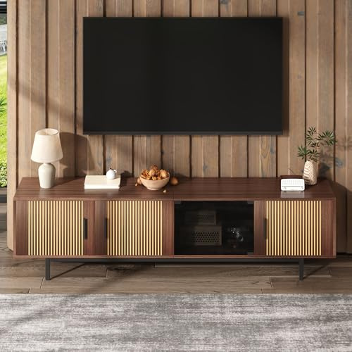 Merax LED TV Cabinet with Carved Texture, Modern TV Unit with Tempered Glass Door, Lowboard with Smart Bluetooth LED Light Strip, Contemporary TV Stand for Living Room Furniture 200x35x53cm