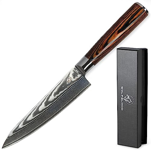 Wolfblood Damastmesser Küchenmesser L (26cm) TÜV geprüfter 62 HRC Damaststahl aus 67 Lagen I Damast-Küchenmesser Chefmesser mit Holzgriff Geschenkbox und Klingenschutz