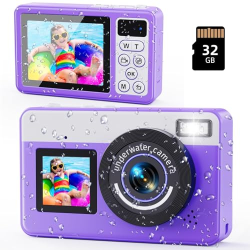 Maxmango D70 4K Camara Acuatica - 48MP 10FT Cámara de Fotos Impermeable para Snorkel - Doble Pantalla Compacta Flotable con 32GB - Zoom Digital 18X para Niños Adolescentes Principiantes Adulto-Morado