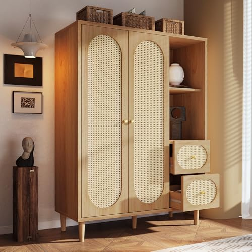 TOBIDOEN Kleiderschrank 161x120x48 cm Landhausstil, Rattan-Dekor, 2 Türen, 2 Schubladen, Offene Regale und Kleiderstange, Kippsicher und Pflegeleicht für Schlafzimmer, Massivholz, Eiche