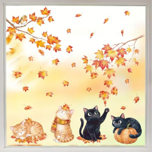 COMOOKA 8 Blatt Fensterbilder Herbst Selbstklebend Fenstersticker Ahornblätter Katze Herbstdeko Innen Fenster Wiederverwendbar Herbst Deko Aufkleber Erntedankfest Wohnzimmer Kinderzimmer