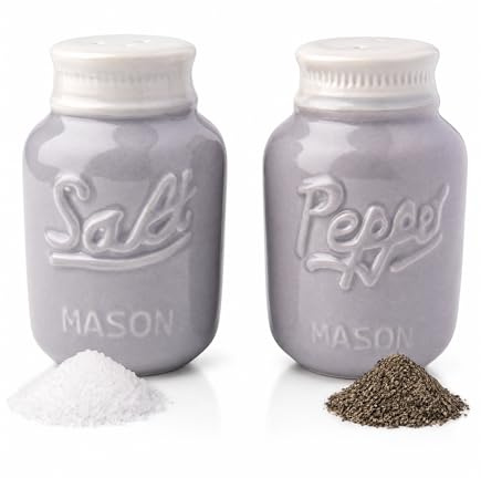 Vintage Mason Jar Salt & Pepper Shakers by Comfify - Adorable Decorative Mason Jar Decor for Vintage, Rustic, Shabby Chic - Sturdy Ceramic in Grey - 100 ml Cap.