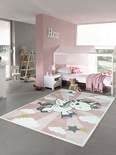 CARPETIA Kinderteppich Kinderzimmerteppich Babyteppich Mädchen Einhorn Regenbogen rosa Creme Größe 120 cm Rund