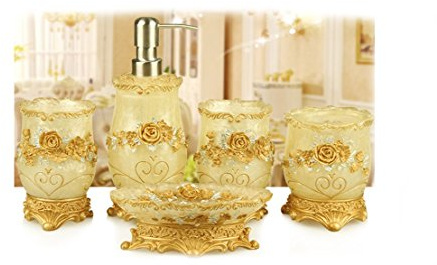 Yiyida Badezimmer Set aus Harz, 5-teilig Blume Set, Seifenspender, Seifenschale, Zahnbürstenhalter, Zahnbecher,Gold und Weiß
