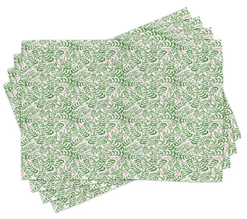 ABAKUHAUS Peony Place Mats Set of 4, Spring Season Gardening Leaf, Washable Fabric Placemats for Dining Room Kitchen Table Decor, Fern Green Pale Pink