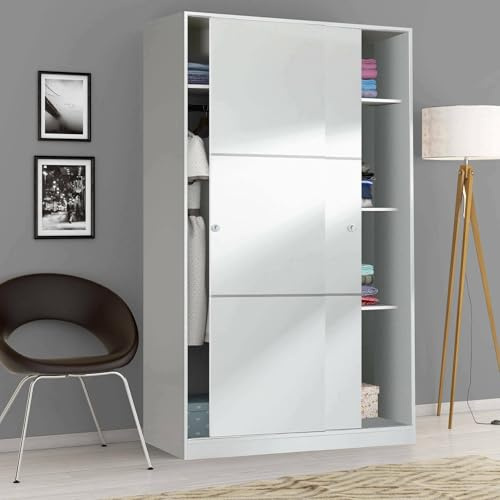 Dmora - Kleiderschrank 2 Türen Waterbury, Schlafzimmerschrank, Schrank mit 4 Regalen und Kleiderstange, 120x50h200 cm, Weiß