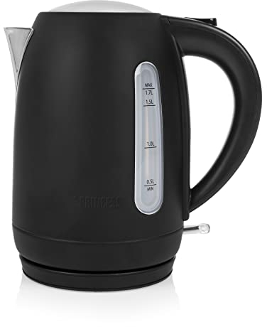 Princess Black Steel Wasserkocher - 1,7 Liter Fassungsvermögen, 2200 Watt, 360° rotierbar, Füllstandanzeige, Filtersieb, verdecktes Heizelement, 236032