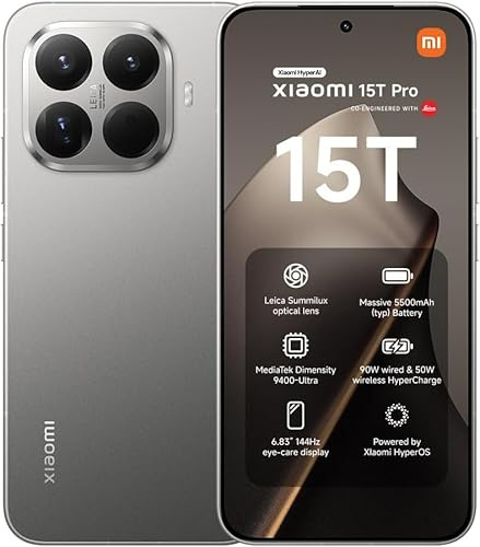 XIAOMI 15T Pro, Smartphone 12+512GB, Display Eye-care da 6,83 144Hz, MediaTek Dimensity 9400+, Teleobiettivo Leica 5x Pro da 50MP, 5500mAh, Garanzia 2 Anni, Titanio, Caricabatterie non incluso