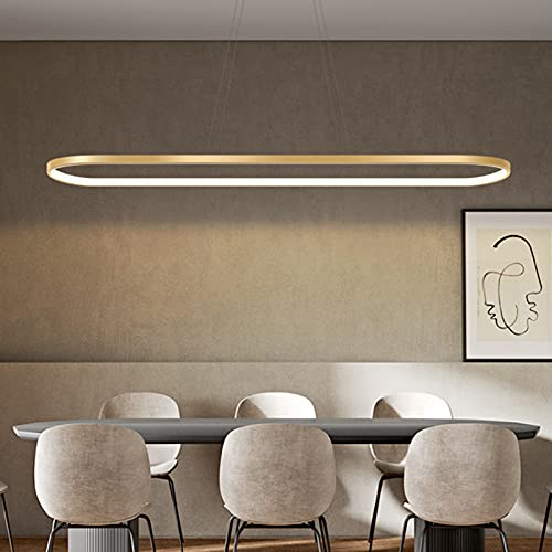 Bellastein Pendant Light Oval Dining Table Office Lamps, LED Hanging Light dimmable Ceiling Light with Remote Control, Modern Ring Design Chandelier for Dining Room Kitchen lamp (L90cm, Gold)