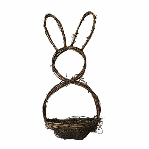Mokyler Bunny Wreath Basket Handmade Rattan Rabbit Garland, Easter Mini Flower Basket Wood Curl Hanging Ornament, Front Door Bunny Pendant for Window Decor
