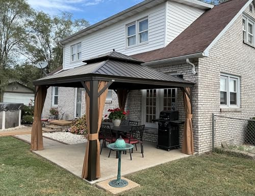 PURPLE LEAF Tonnelle de Jardin Exterieur 3,65 × 3 m, Gouttière Intégrée, Poteaux Renforcés, Tonnelle Toit Rigide Double en Acier Galvanisé, Pergola avec Rideaux Épais et Moustiquaire 260 g/m², Bronze