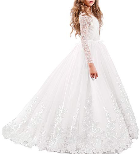 Odizli Vestido de niña de flores de manga larga de encaje princesa vestido de tul para primera comunión boda vestido de novia cumpleaños vestido de fiesta largo vestido de noche, Blanco, 10-11 Años