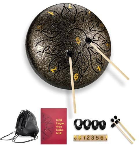 Zungentrommel 11 Noten 6 Zoll, Tongue Drum Kohlenstoffstahl Steel Drum,Tragbare ätherische Trommel mit Tasche,Noten,Fingerpick und Schlägel für Meditation Yoga Klangheilung -Bronze