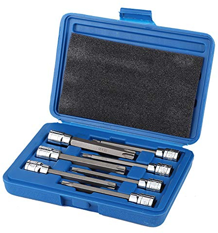 Tbest Juego de Llaves de Vaso Torx Largas, 7 Piezas, 3/8 Pulgadas, Extra Largas, Juego de Llaves de Vaso con Punta de Estrella Torx