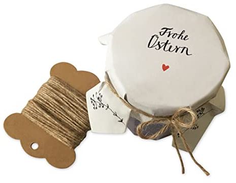 25 Marmeladendeckchen - Frohe Ostern - Gläserdeckchen weiß für Marmelade, Marmeladengläser & Einmachgläser, Recyclingpapier Abreißblock + 10 m Jute Garn + Justiergummi