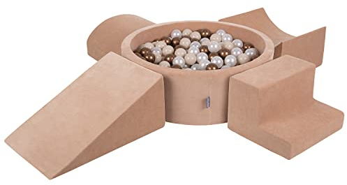 KiddyMoon Spielplatz Velvet Aus Schaumstoff Mit Samt Rund Bällebad (300 Bälle) + Version 5 Ballgruben Für Babys Spielbad, Hergestellt In EU, Pastellbeige/Kupferrot/Perle