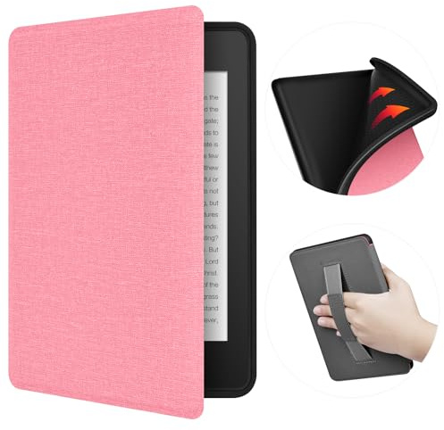 ERUNTO Hülle für 6 Zoll Kindle (Released in 2022 and 2024), TPU Cover mit Stoffstruktur und Handgürtel auf der Rückseite, Magnetische Shell Cover mit Smart Wake-up/Sleep-Funktion(Rosa)