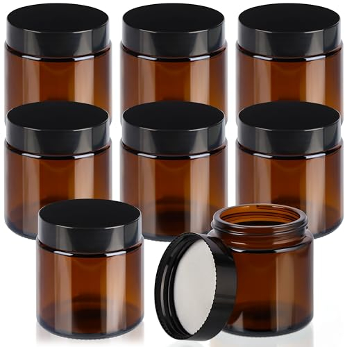 Belle Vous Lot de 8 Bocaux Ronds en Verre Ambré et Couvercles Noirs Vissés - 120ml - Pots Vides et Étanches pour le Stockage de Cosmétiques - Lotions - Crèmes - Huiles Essentielles