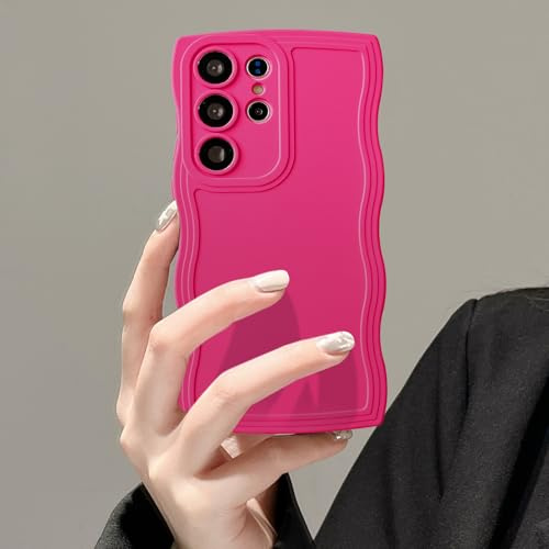 UEEBAI Case for Samsung Galaxy S21 Ultra 5G, Cute Wave Frame Slim Fit Shockproof Phone Bumper Cover, Soft Pretty Curly Wavy Case, Anti-Scratch TPU Case - Rose Red