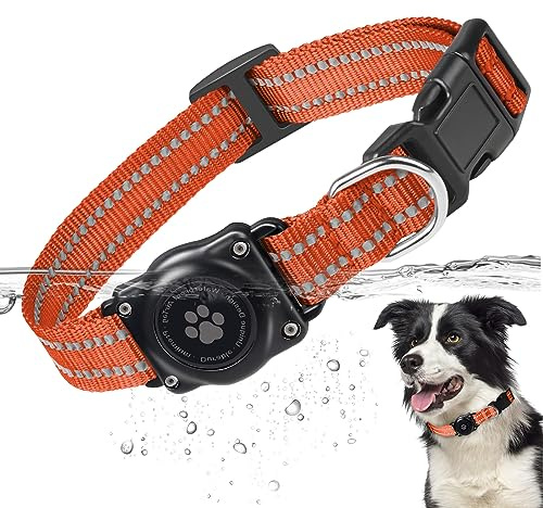 Airtag Hundehalsband, 100% Wasserdicht Integriertes Apple Air Tag Hundehalsbänder, Reflektierendes GPS Hundehalsband mit Hartem PC AirTag Halter Hülle für Kleine Mittlere Große Hunde (Orange)