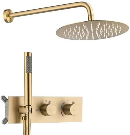 BEITH Columna de Ducha Empotrado, 8in/10in/12in Oro Cepillado Columna de Ducha, Set De Ducha con Cabezal de Ducha Giratorio Redondo de Acero Inoxidable 304, Cuerpo de Latón, Autolimpiante