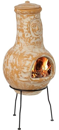 Caminetto in argilla da esterno, design sole, braciere a legna con robusto supporto in metallo, barbecue, cocktail party, accoglienti notti (beige)